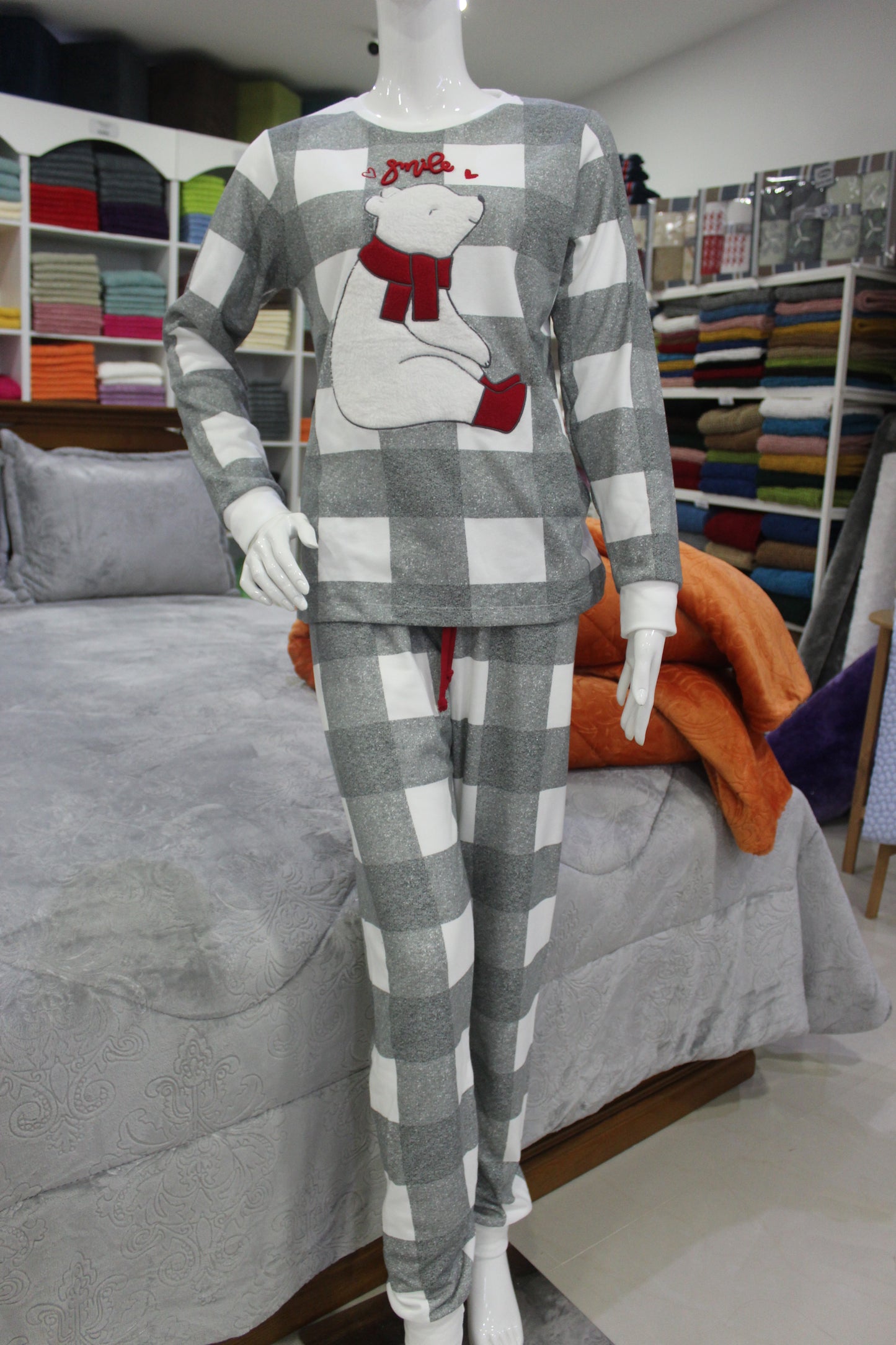 Pijama Senhora Cardado Urso Cinza 100%Alg.