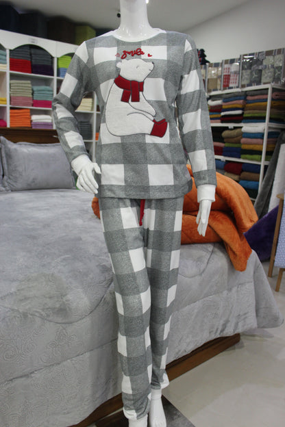 Pijama Senhora Cardado Urso Cinza 100%Alg.