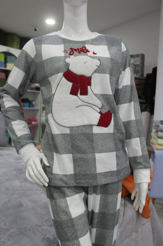 Pijama Senhora Cardado Urso Cinza 100%Alg.