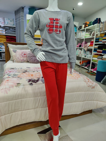 Pijama Senhora Teddy Cardado Liso Vermelho